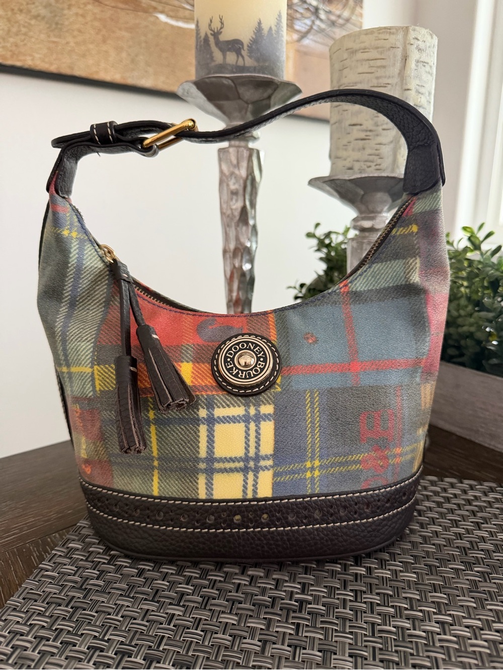 Vintage Y2K Dooney & Bourke Patched Plaid Shoulder Bag with Brown Leather Trim